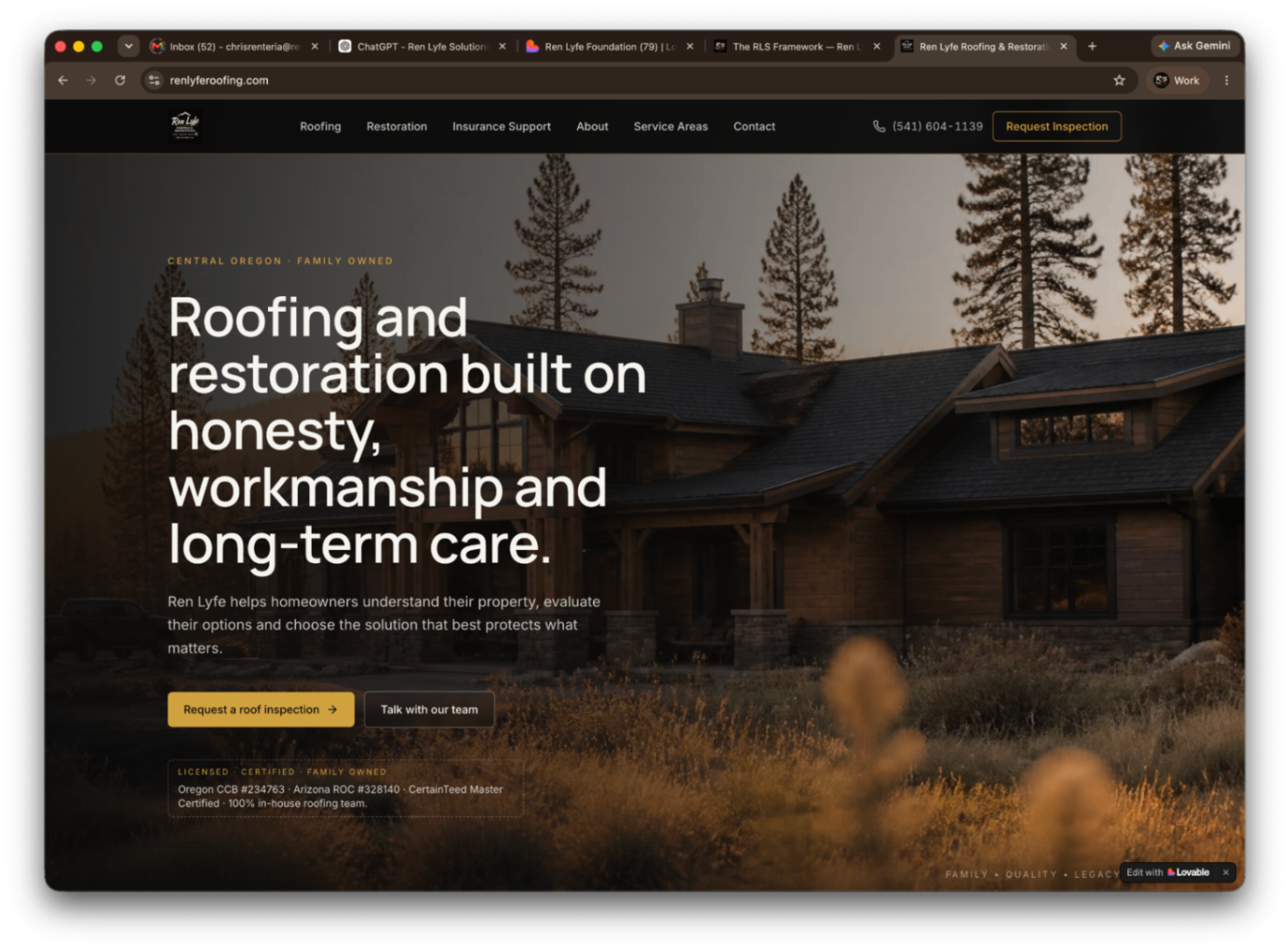 Ren Lyfe Roofing & Restoration homepage — dark editorial hero of a Central Oregon home at sunset.