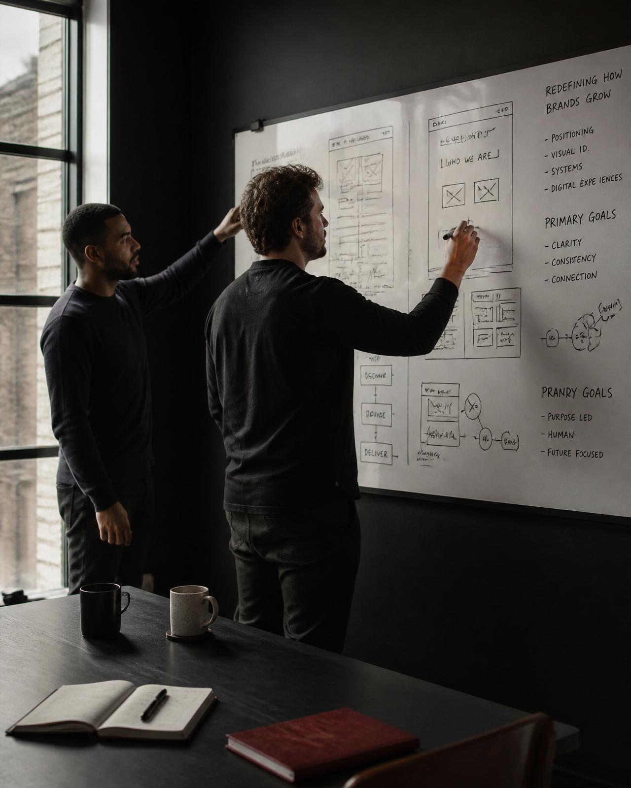 Two founders at a whiteboard mapping strategy, wireframes, and positioning — the work behind Ren Lyfe Solutions.